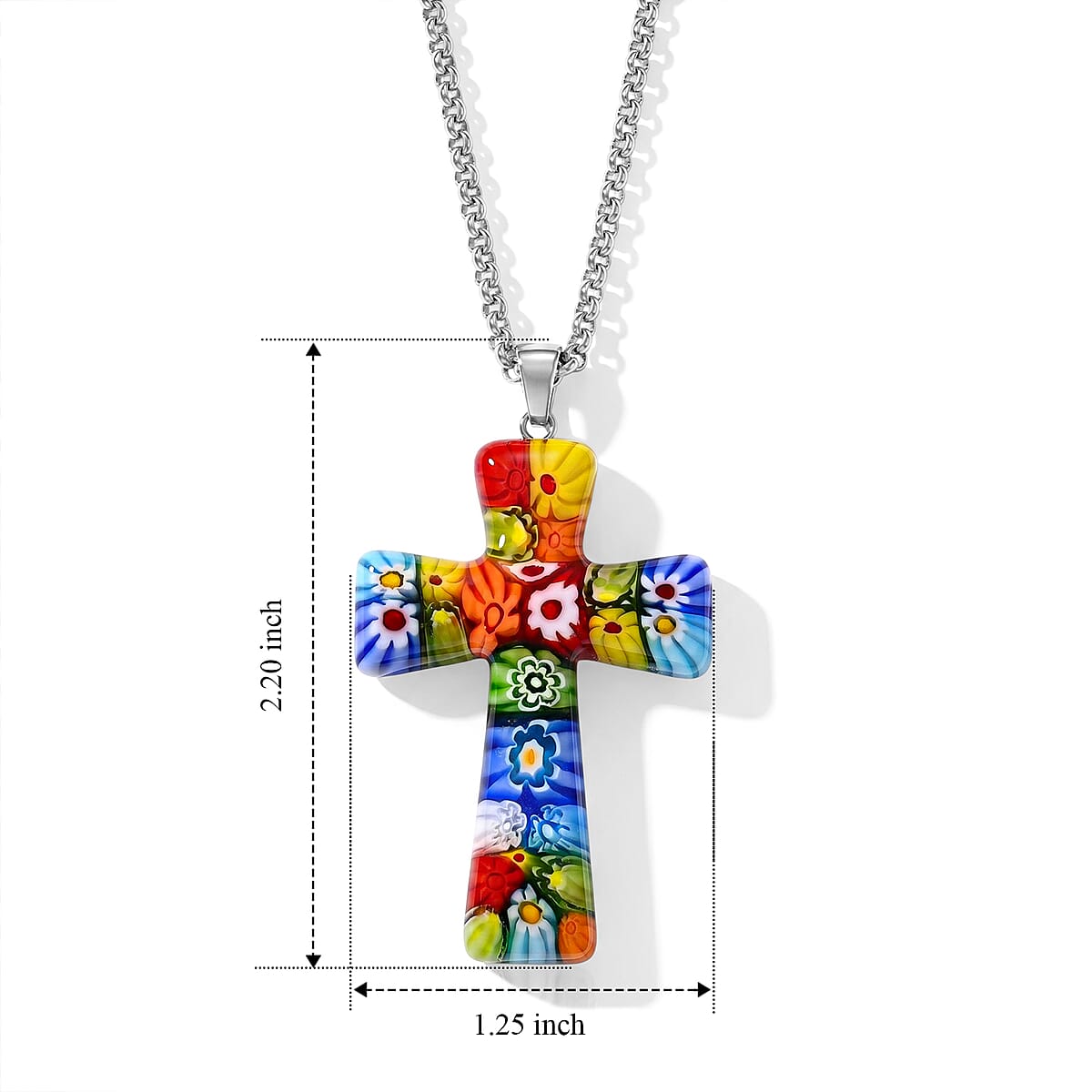 Multi Murano Style Cross Pendant Necklace (20-22 Inches) in Stainless Steel image number 5