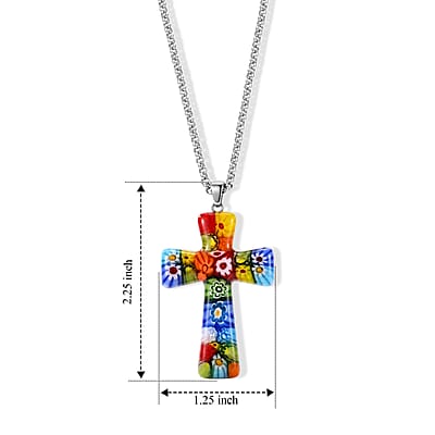 Multi Murano Style Cross Pendant Necklace (20-22 Inches) in Stainless Steel