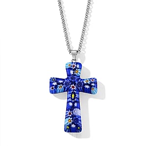 Blue Murano Style Cross Pendant Necklace (20-22 Inches) in Stainless Steel