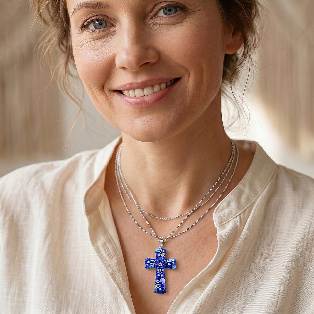Blue Murano Style Cross Pendant Necklace (20-22 Inches) in Stainless Steel image number 2