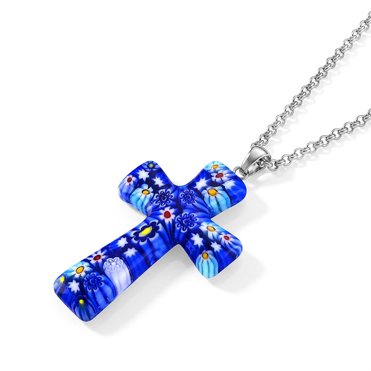 Blue Murano Style Cross Pendant Necklace (20-22 Inches) in Stainless Steel image number 3