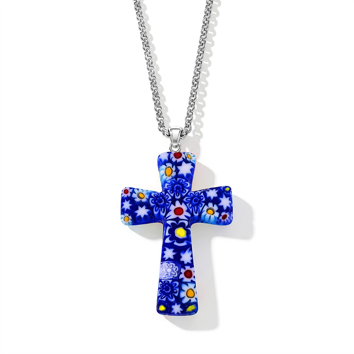 Blue Murano Style Cross Pendant Necklace (20-22 Inches) in Stainless Steel image number 4
