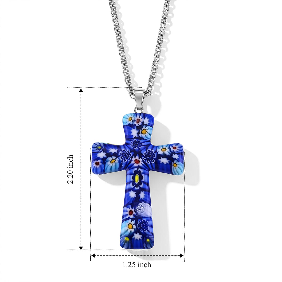 Blue Murano Style Cross Pendant Necklace (20-22 Inches) in Stainless Steel image number 5