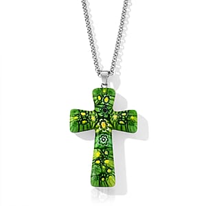 Green Murano Style Cross Pendant Necklace (20-22 Inches) in Stainless Steel