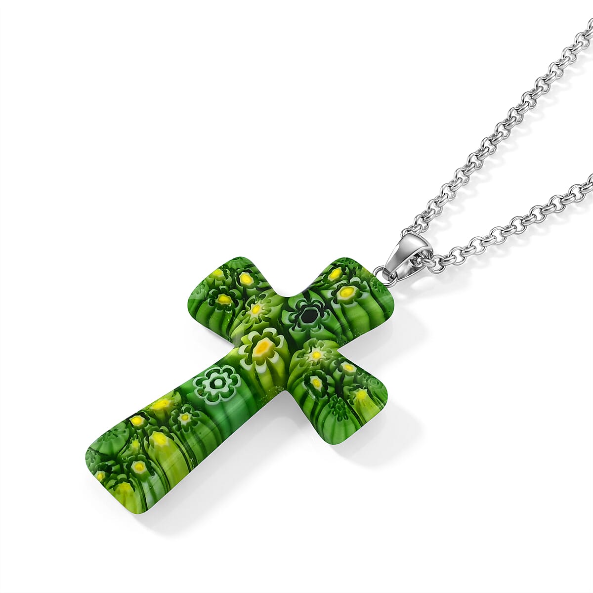 Green Murano Style Cross Pendant Necklace (20-22 Inches) in Stainless Steel image number 3