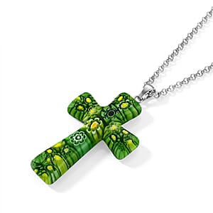 Green Murano Style Cross Pendant Necklace (20-22 Inches) in Stainless Steel