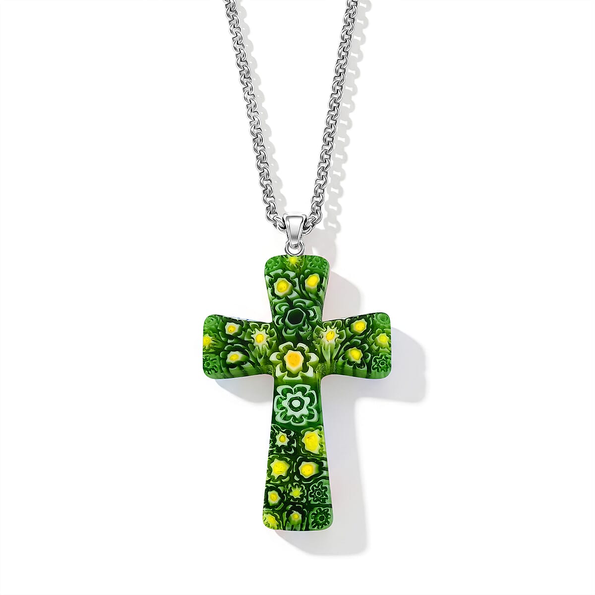 Green Murano Style Cross Pendant Necklace (20-22 Inches) in Stainless Steel image number 4