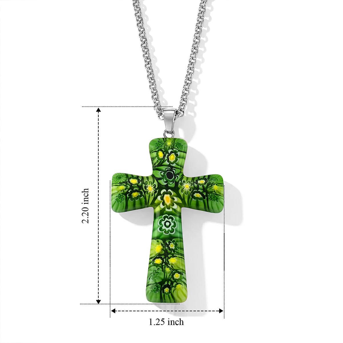 Green Murano Style Cross Pendant Necklace (20-22 Inches) in Stainless Steel image number 5