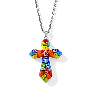 Multi Murano Style Cross Pendant Necklace (20-22 Inches) in Stainless Steel