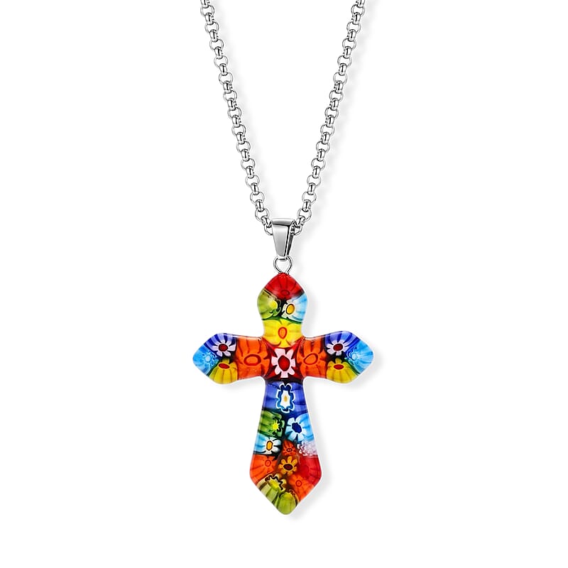 Multi Murano Style Cross Pendant Necklace (20-22 Inches) in Stainless Steel