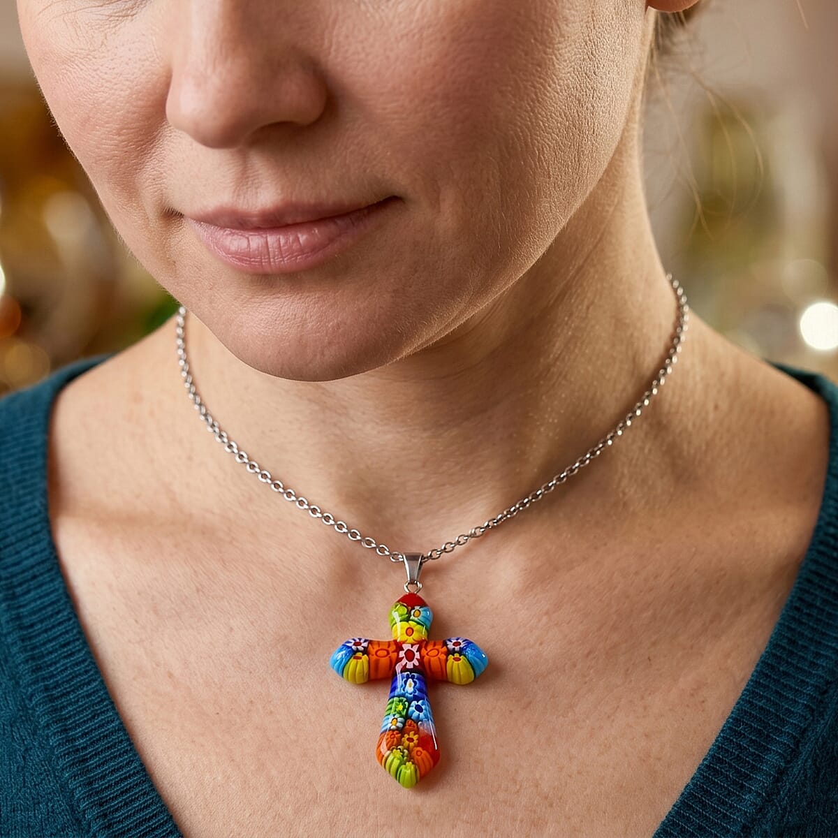 Multi Murano Style Cross Pendant Necklace (20-22 Inches) in Stainless Steel image number 1