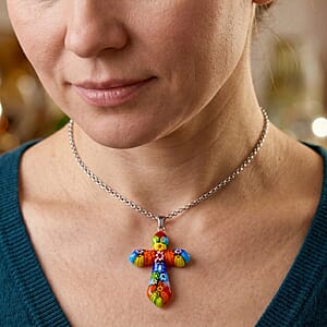 Multi Murano Style Cross Pendant Necklace (20-22 Inches) in Stainless Steel