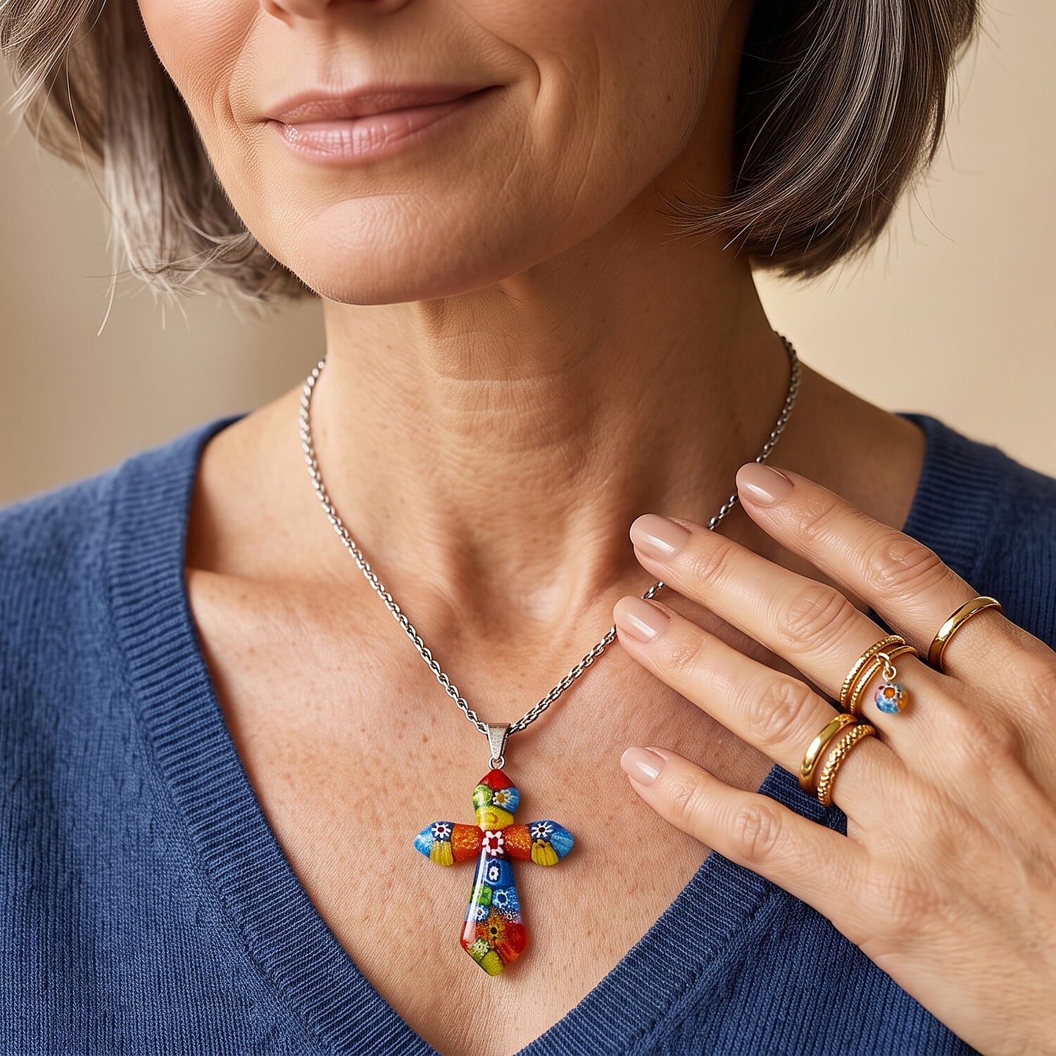 Multi Murano Style Cross Pendant Necklace (20-22 Inches) in Stainless Steel
