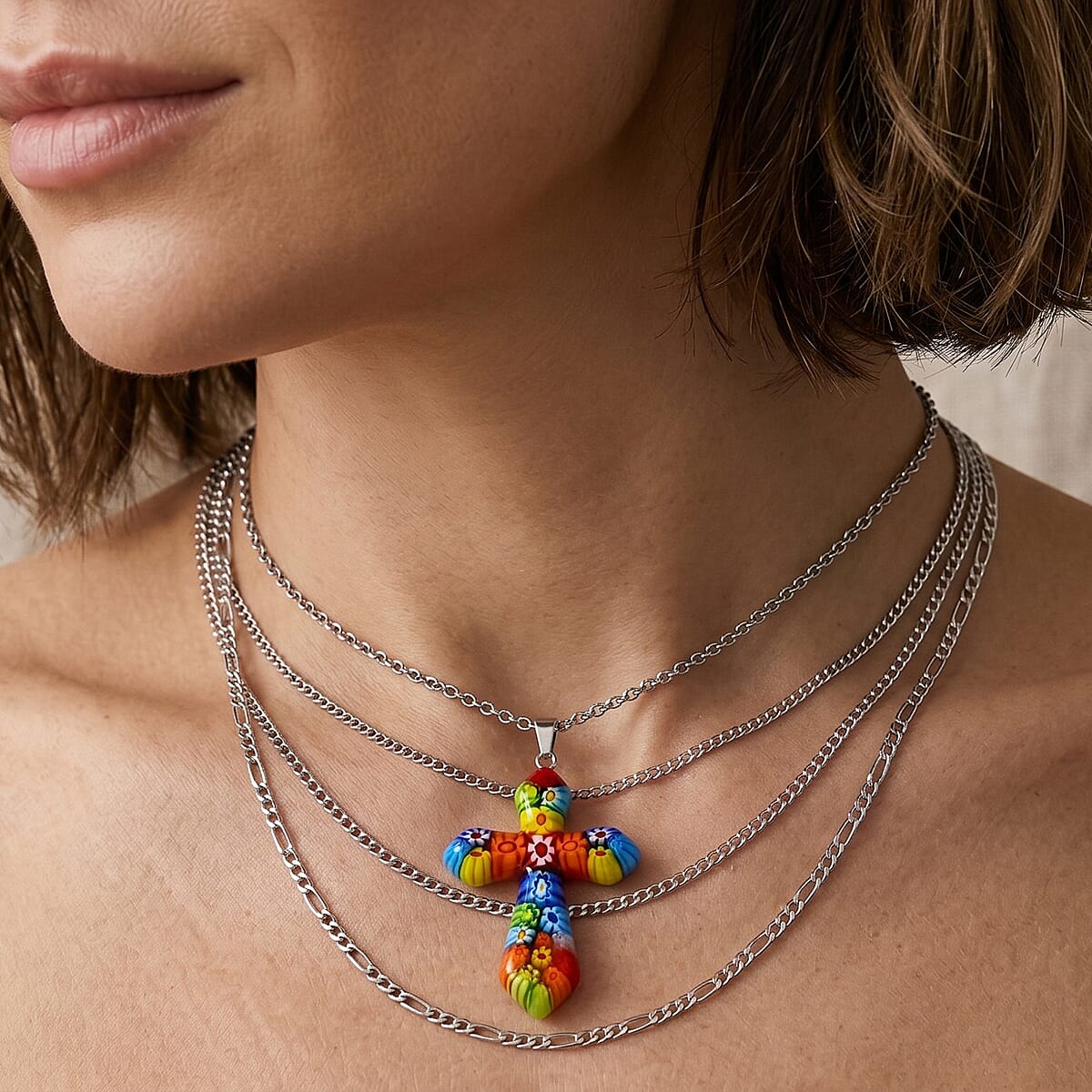 Multi Murano Style Cross Pendant Necklace (20-22 Inches) in Stainless Steel image number 2