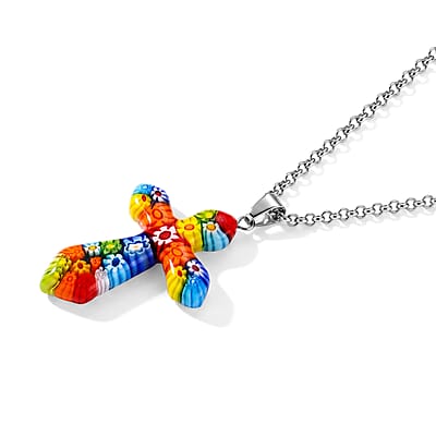 Multi Murano Style Cross Pendant Necklace (20-22 Inches) in Stainless Steel
