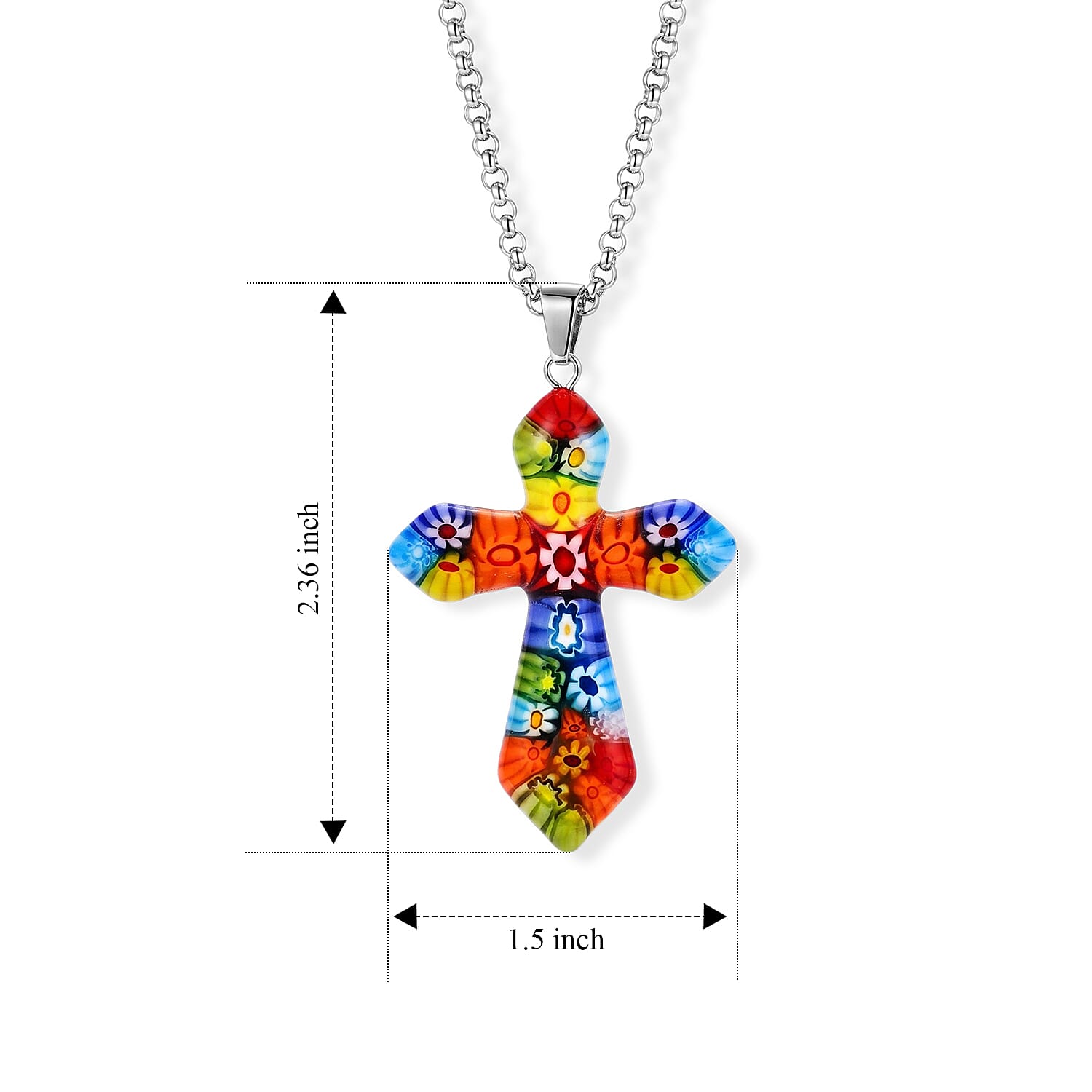 Multi Murano Style Cross Pendant Necklace (20-22 Inches) in Stainless Steel