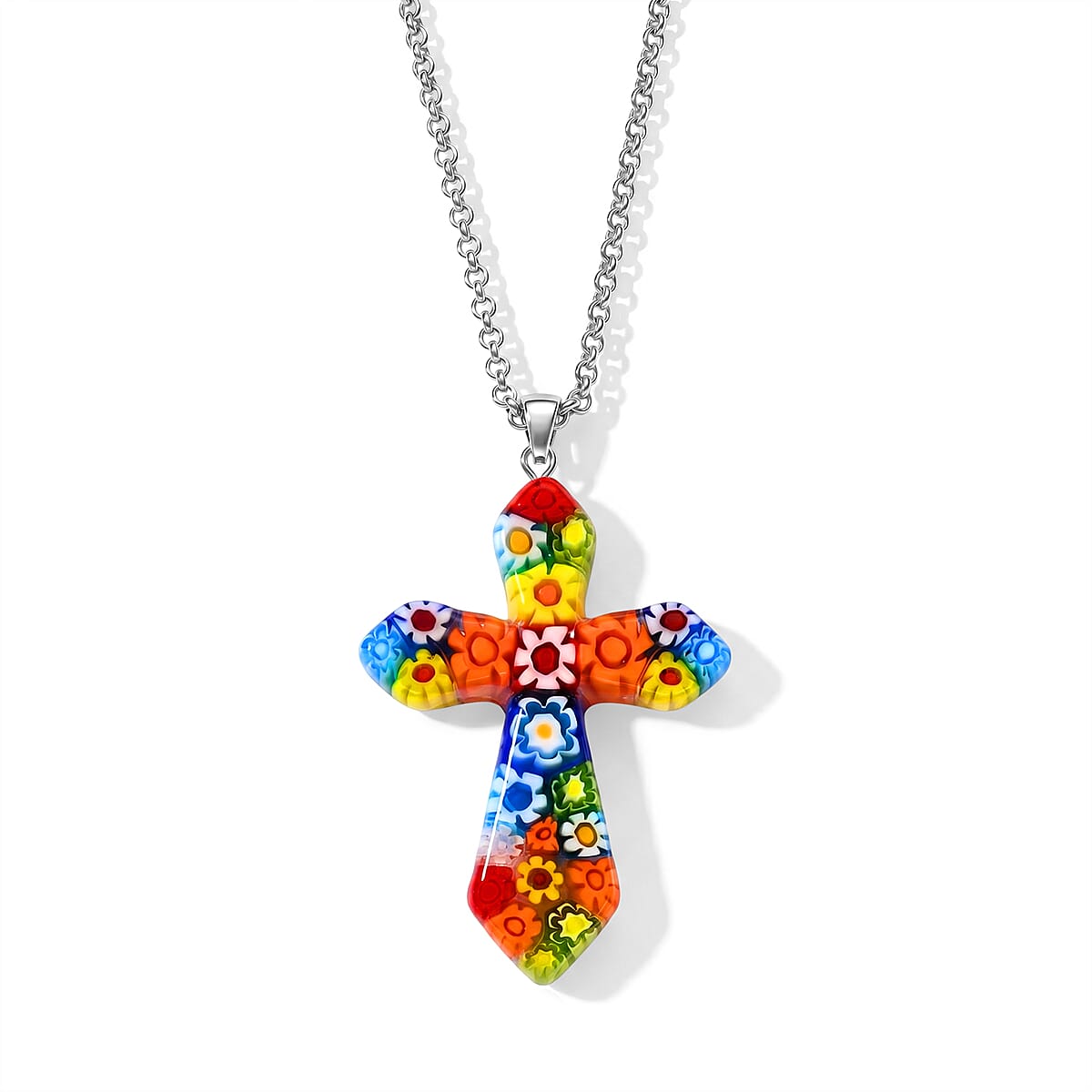 Multi Murano Style Cross Pendant Necklace (20-22 Inches) in Stainless Steel image number 4