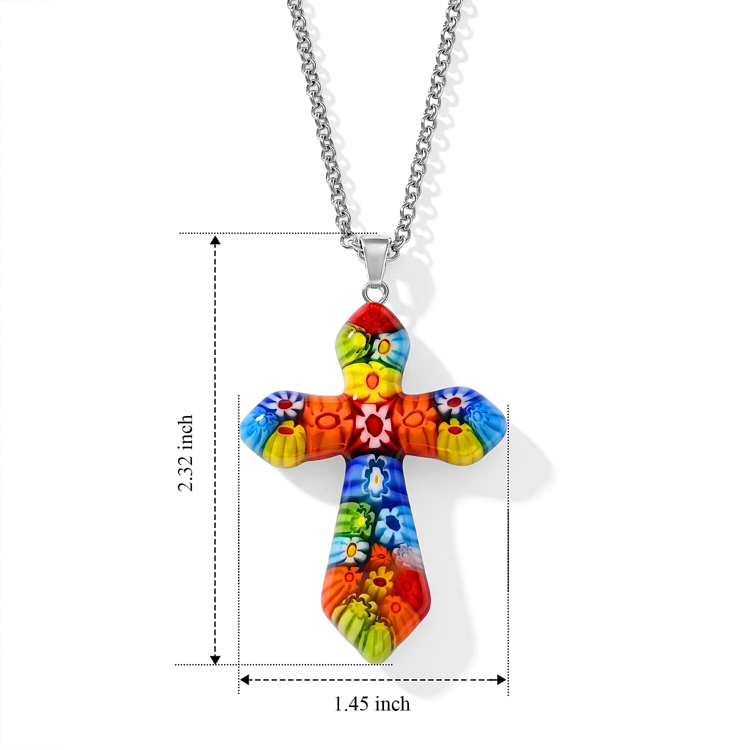 Multi Murano Style Cross Pendant Necklace (20-22 Inches) in Stainless Steel