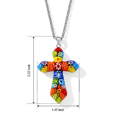 Multi Murano Style Cross Pendant Necklace (20-22 Inches) in Stainless Steel