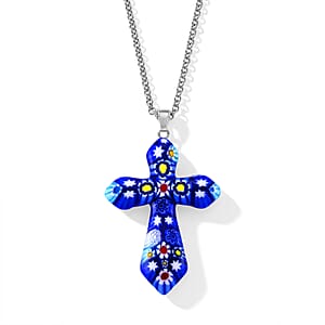 Blue Murano Style Cross Pendant Necklace (20-22 Inches) in Stainless Steel