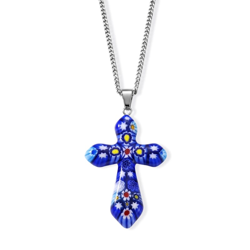 Blue Murano Style Cross Pendant Necklace (20-22 Inches) in Stainless Steel