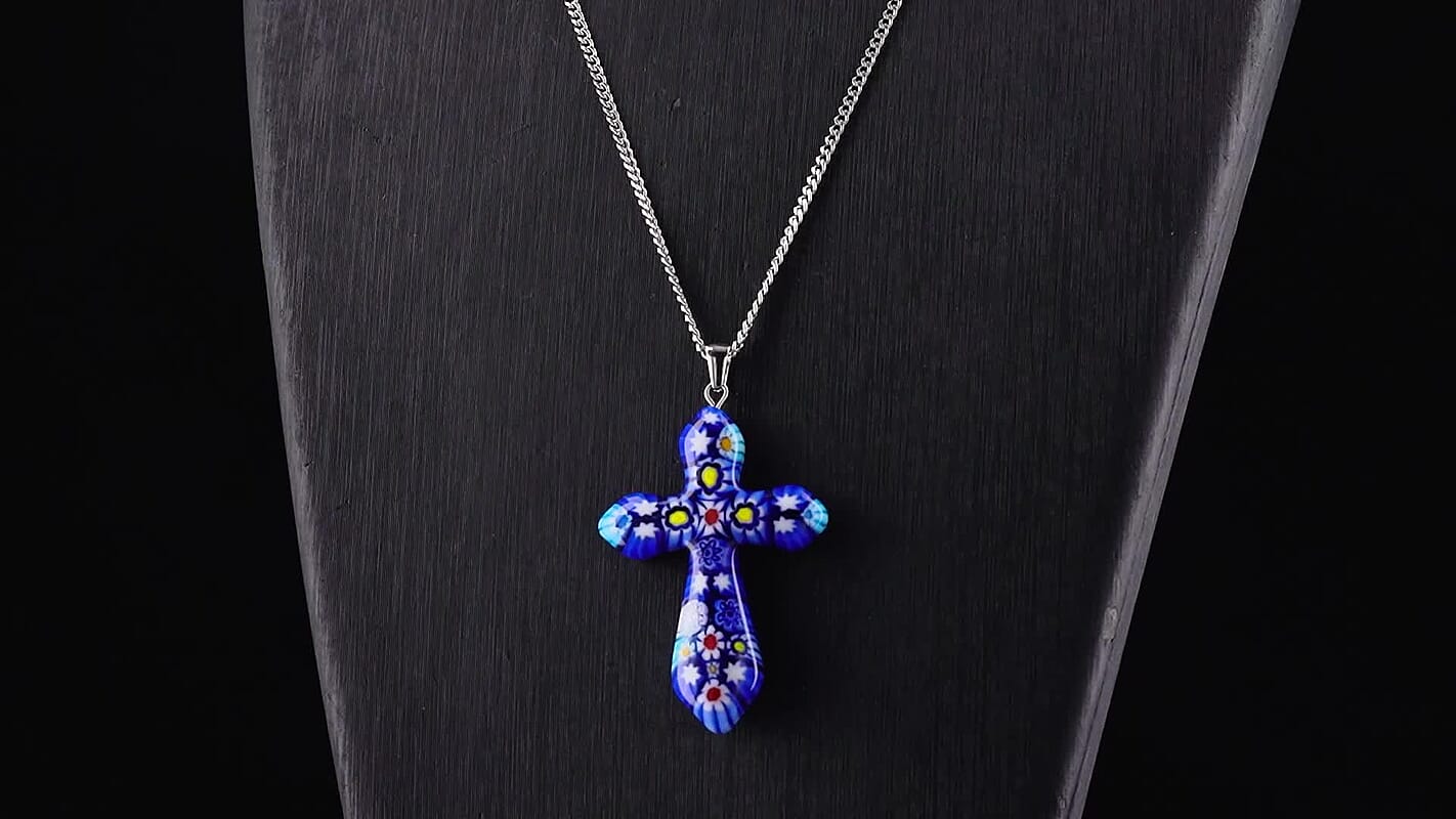 Murano Style Cross Pendant Chain Necklace (20-22 Inches) in Stainless Steel