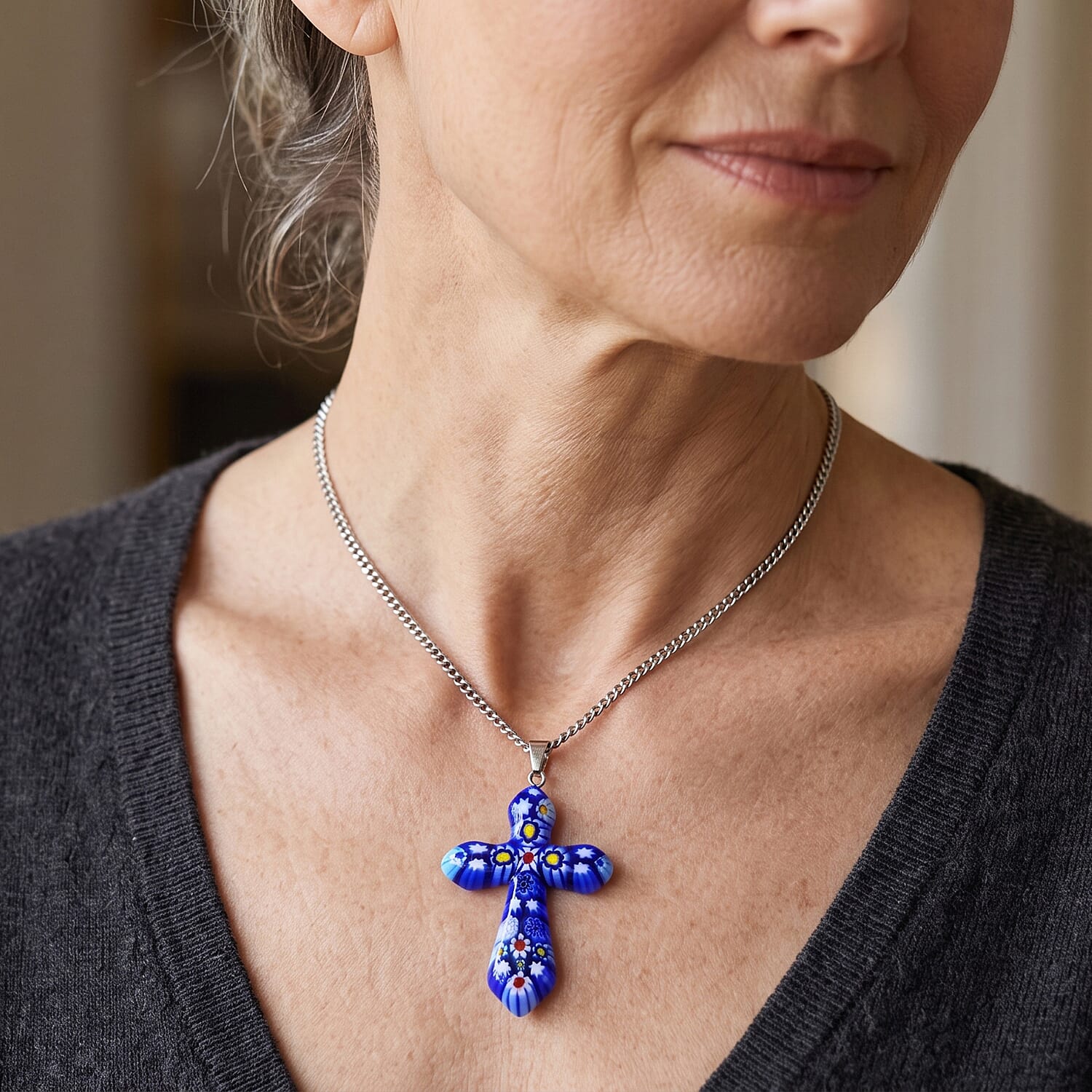 Blue Murano Style Cross Pendant Necklace (20-22 Inches) in Stainless Steel