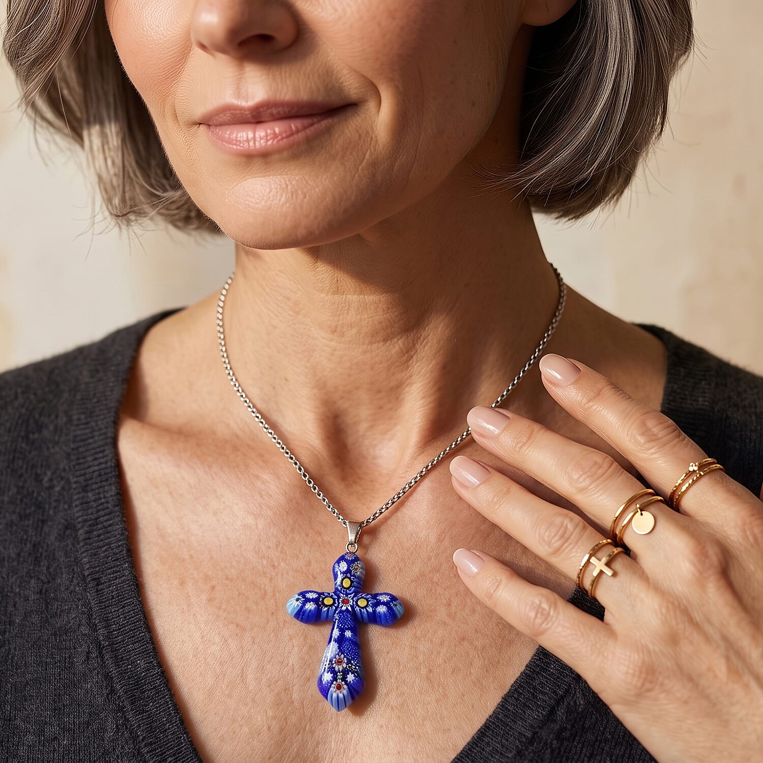 Blue Murano Style Cross Pendant Necklace (20-22 Inches) in Stainless Steel