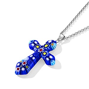 Blue Murano Style Cross Pendant Necklace (20-22 Inches) in Stainless Steel