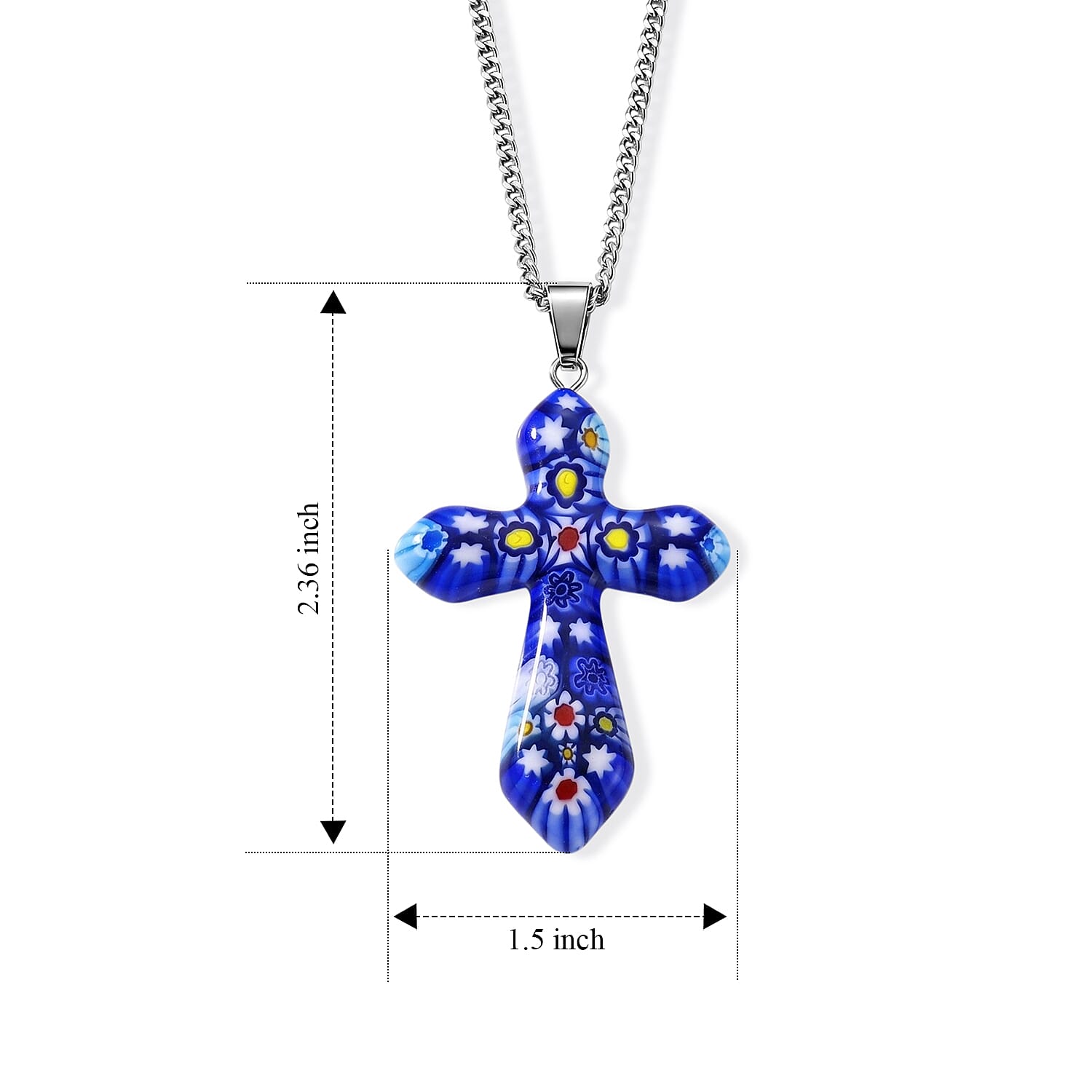 Blue Murano Style Cross Pendant Necklace (20-22 Inches) in Stainless Steel