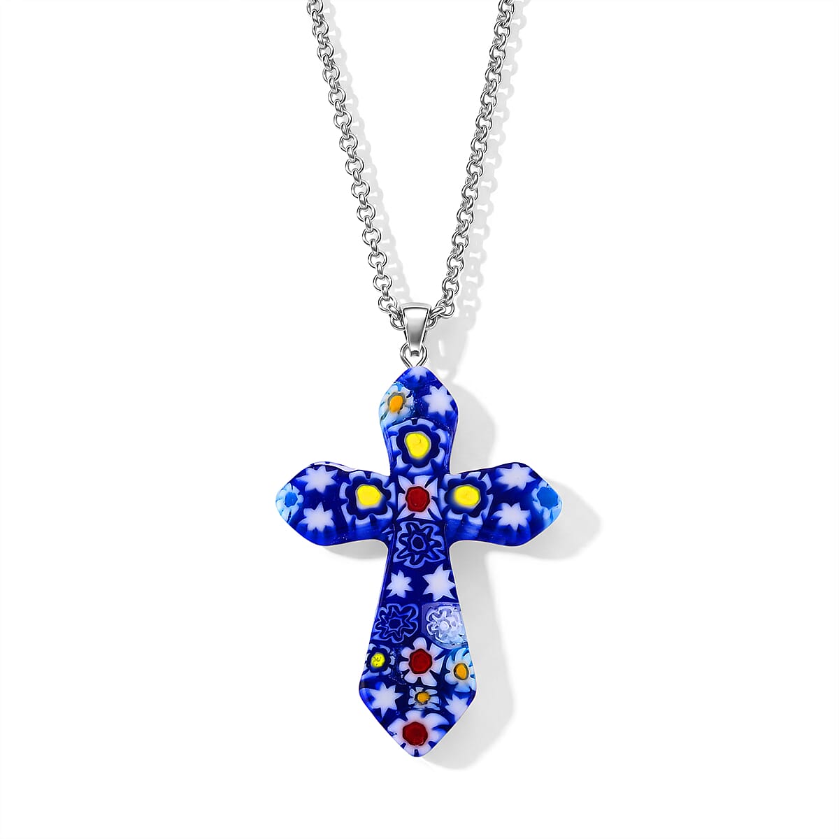 Blue Murano Style Cross Pendant Necklace (20-22 Inches) in Stainless Steel image number 4