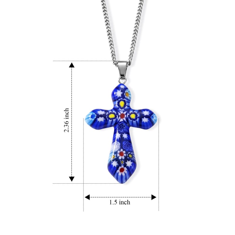 Blue Murano Style Cross Pendant Necklace (20-22 Inches) in Stainless Steel