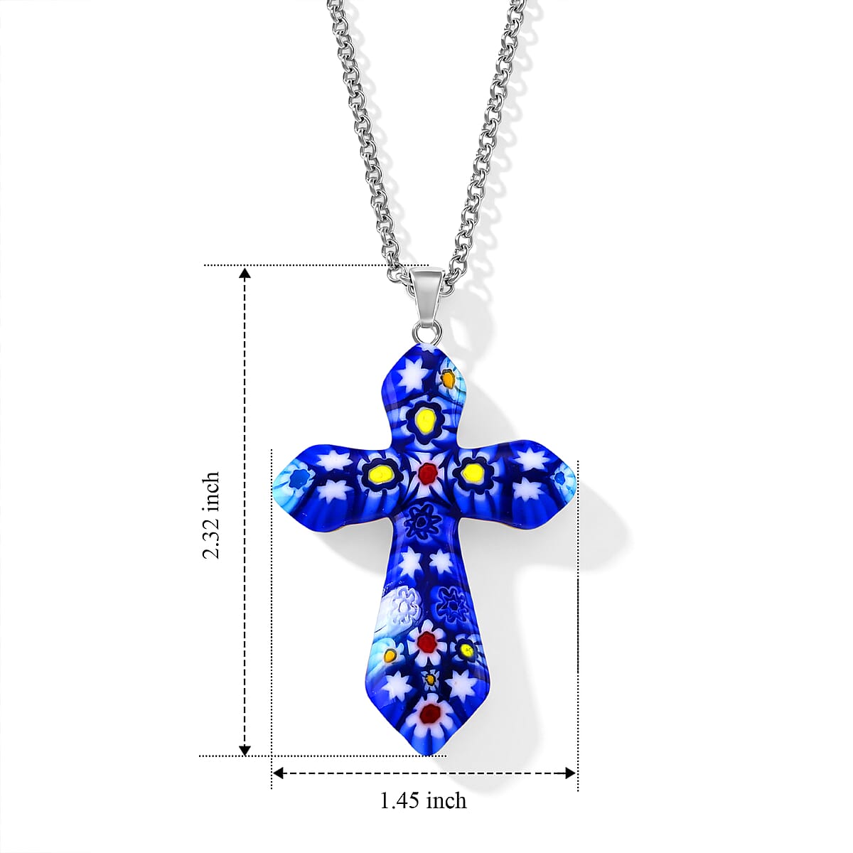 Blue Murano Style Cross Pendant Necklace (20-22 Inches) in Stainless Steel image number 5