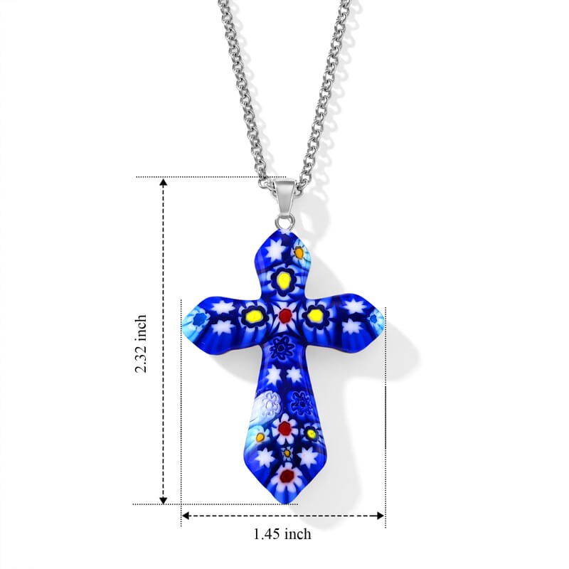 Blue Murano Style Cross Pendant Necklace (20-22 Inches) in Stainless Steel