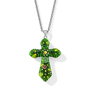 Green Murano Style Cross Pendant Necklace (20-22 Inches) in Stainless Steel