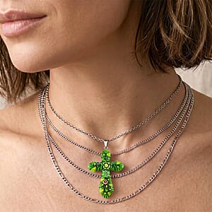 Green Murano Style Cross Pendant Necklace (20-22 Inches) in Stainless Steel