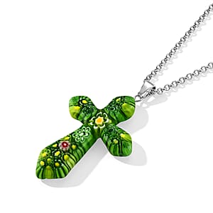 Green Murano Style Cross Pendant Necklace (20-22 Inches) in Stainless Steel