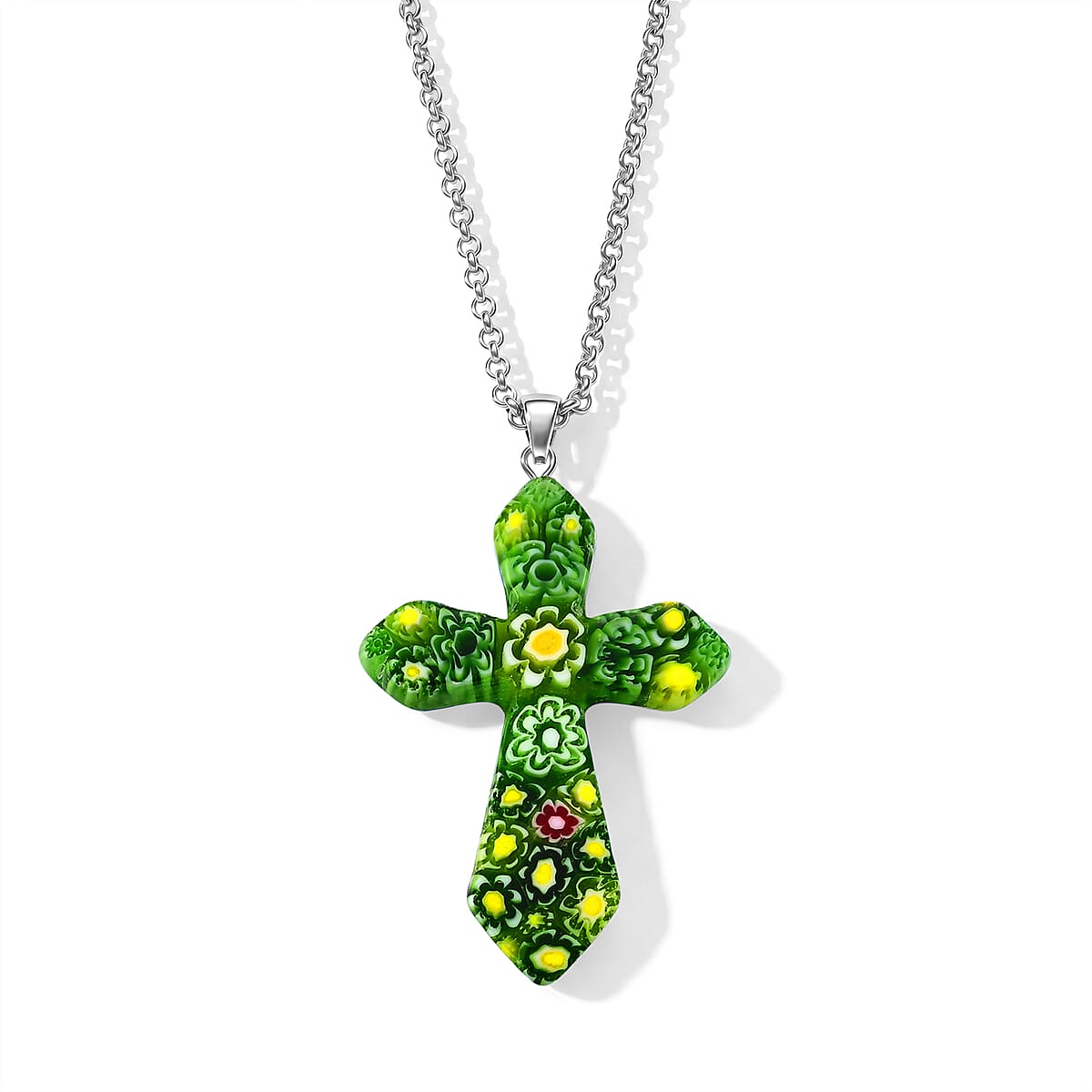 Green Murano Style Cross Pendant Necklace (20-22 Inches) in Stainless Steel image number 4