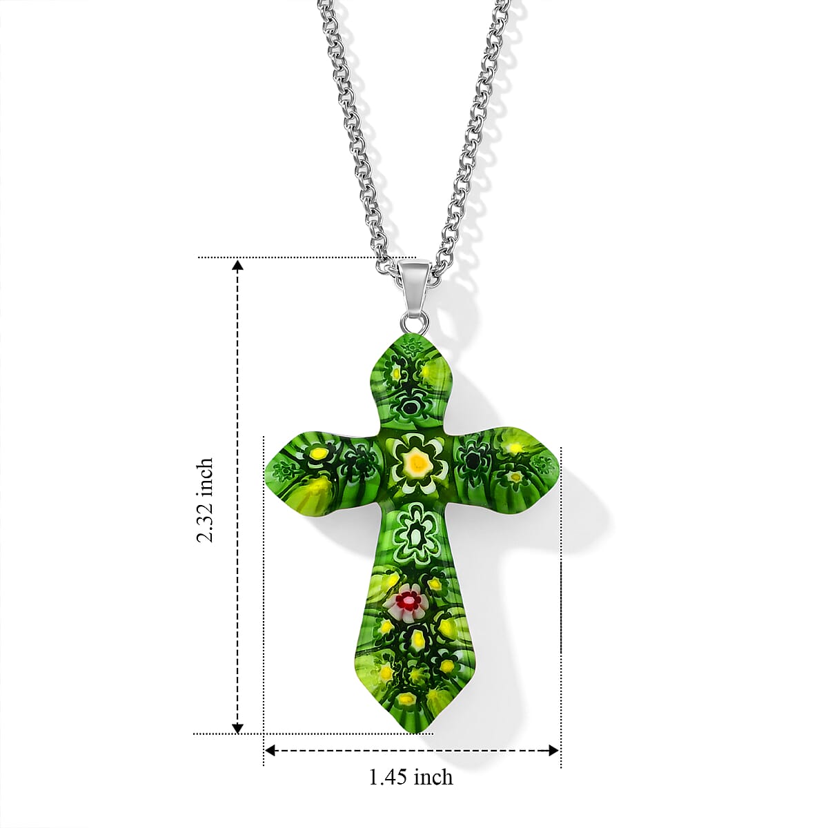 Green Murano Style Cross Pendant Necklace (20-22 Inches) in Stainless Steel image number 5