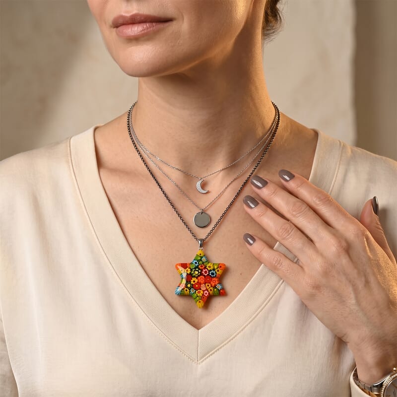 Multi Murano Style Celestial Star Pendant Necklace (20-22 inches) in Stainless Steel