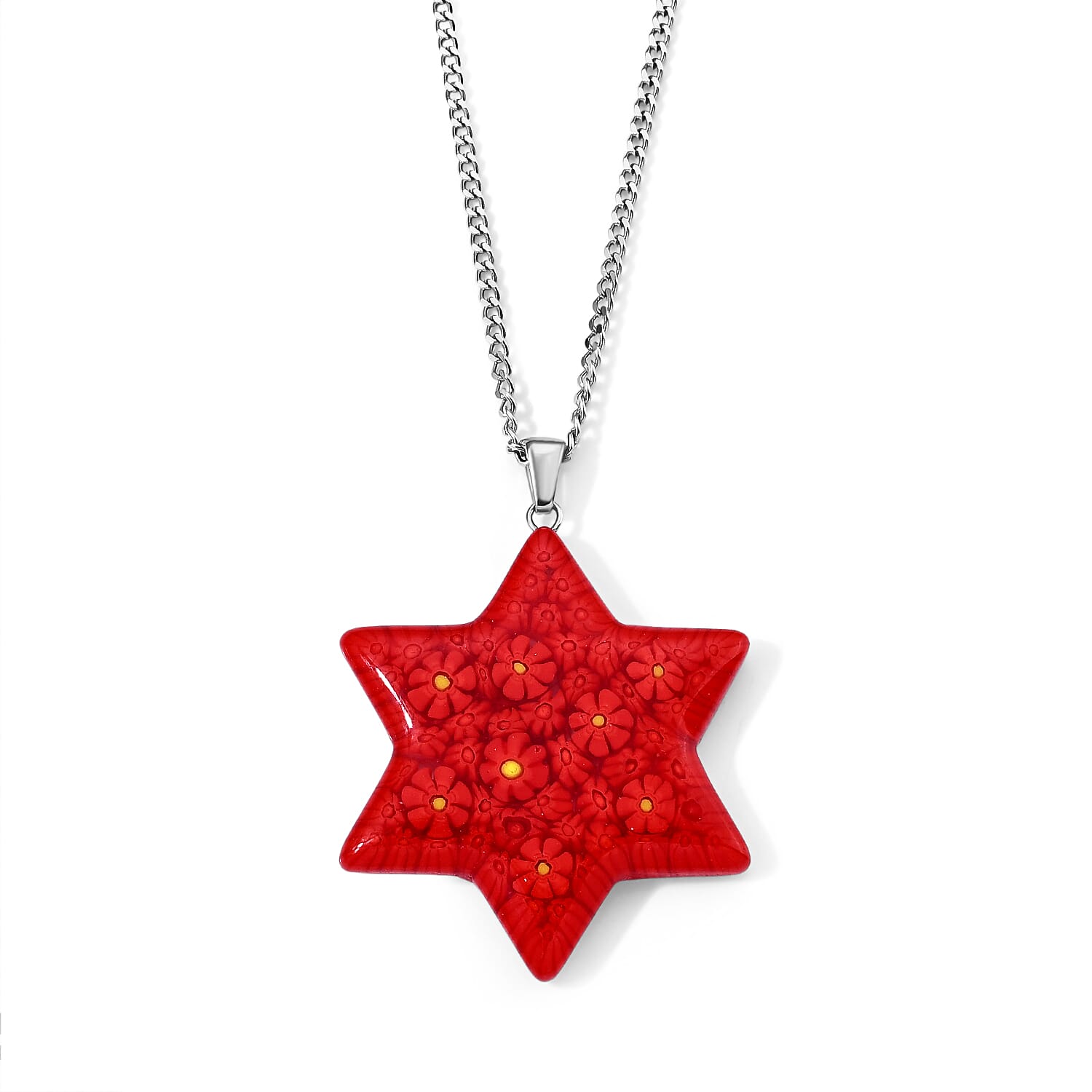 Red Murano Style Celestial Star Pendant Necklace (20-22 inches) in Stainless Steel