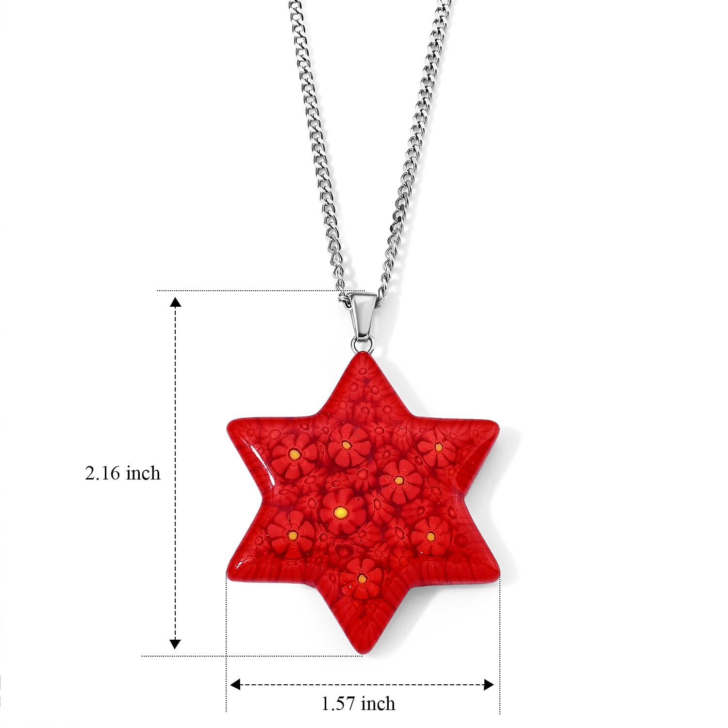Red Murano Style Celestial Star Pendant Necklace (20-22 inches) in Stainless Steel