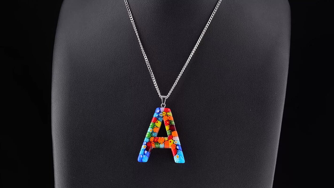 Multi Murano Style Initial A Pendant Necklace (20-22 Inches) in Stainless Steel