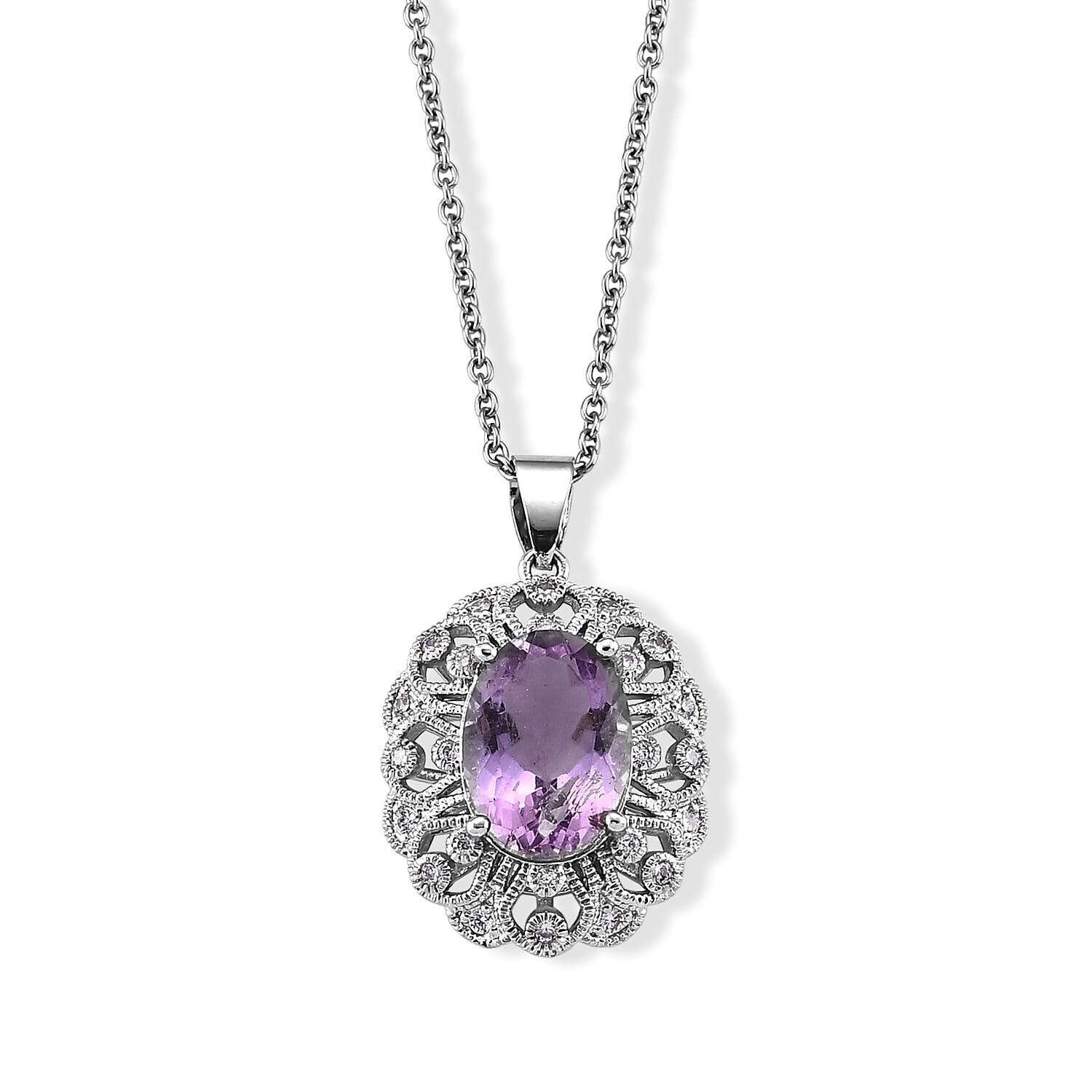 African Amethyst and Simulated Diamond 12.00 ctw Pendant in Silvertone with Stainless Steel Necklace (20 Inches)