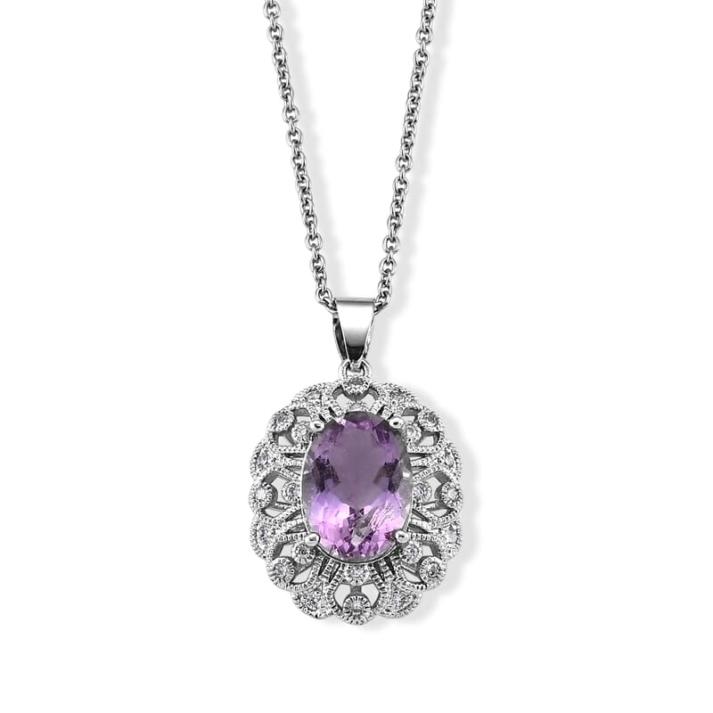 African Amethyst and Simulated Diamond 12.00 ctw Pendant in Silvertone with Stainless Steel Necklace (20 Inches)