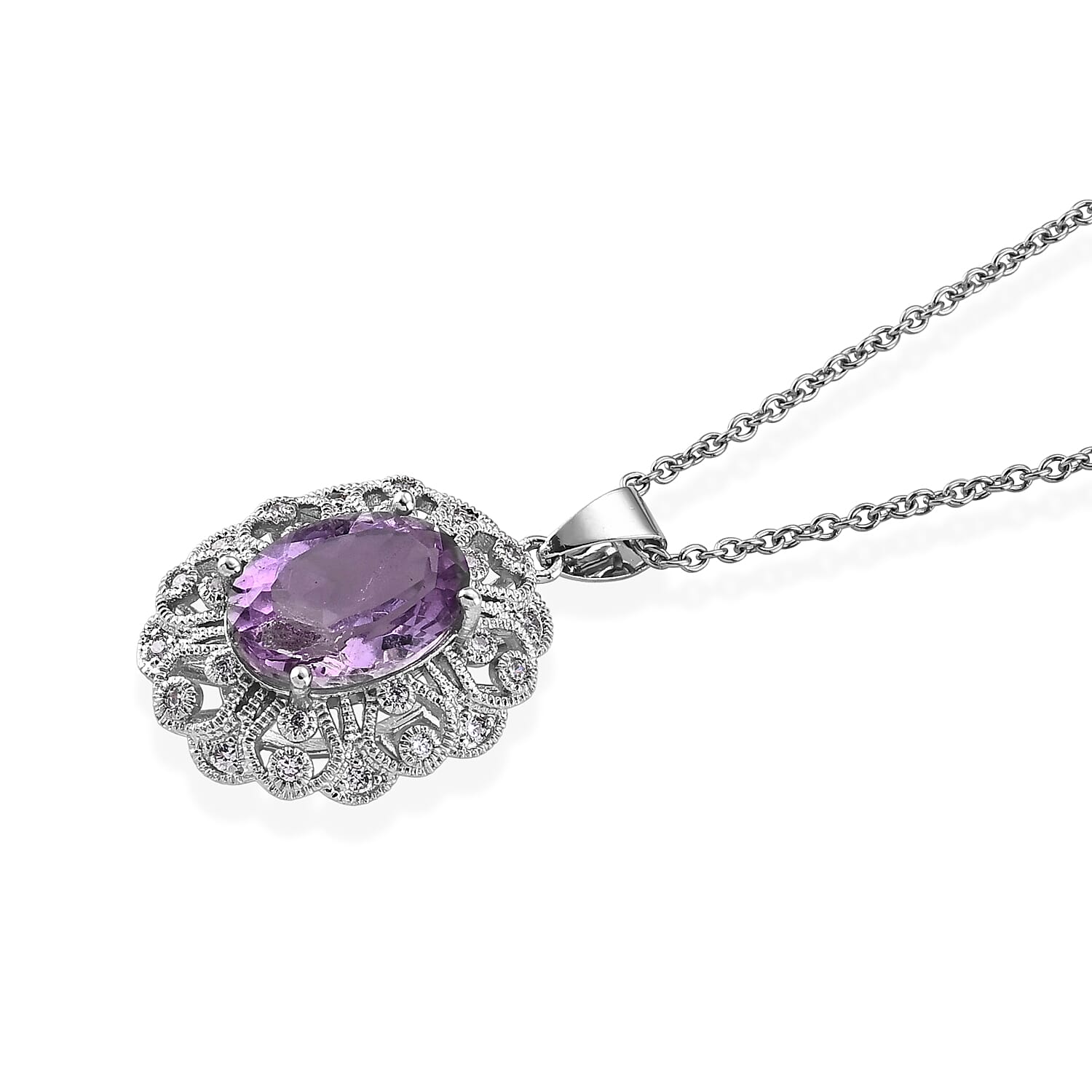 African Amethyst and Simulated Diamond 12.00 ctw Pendant in Silvertone with Stainless Steel Necklace (20 Inches)