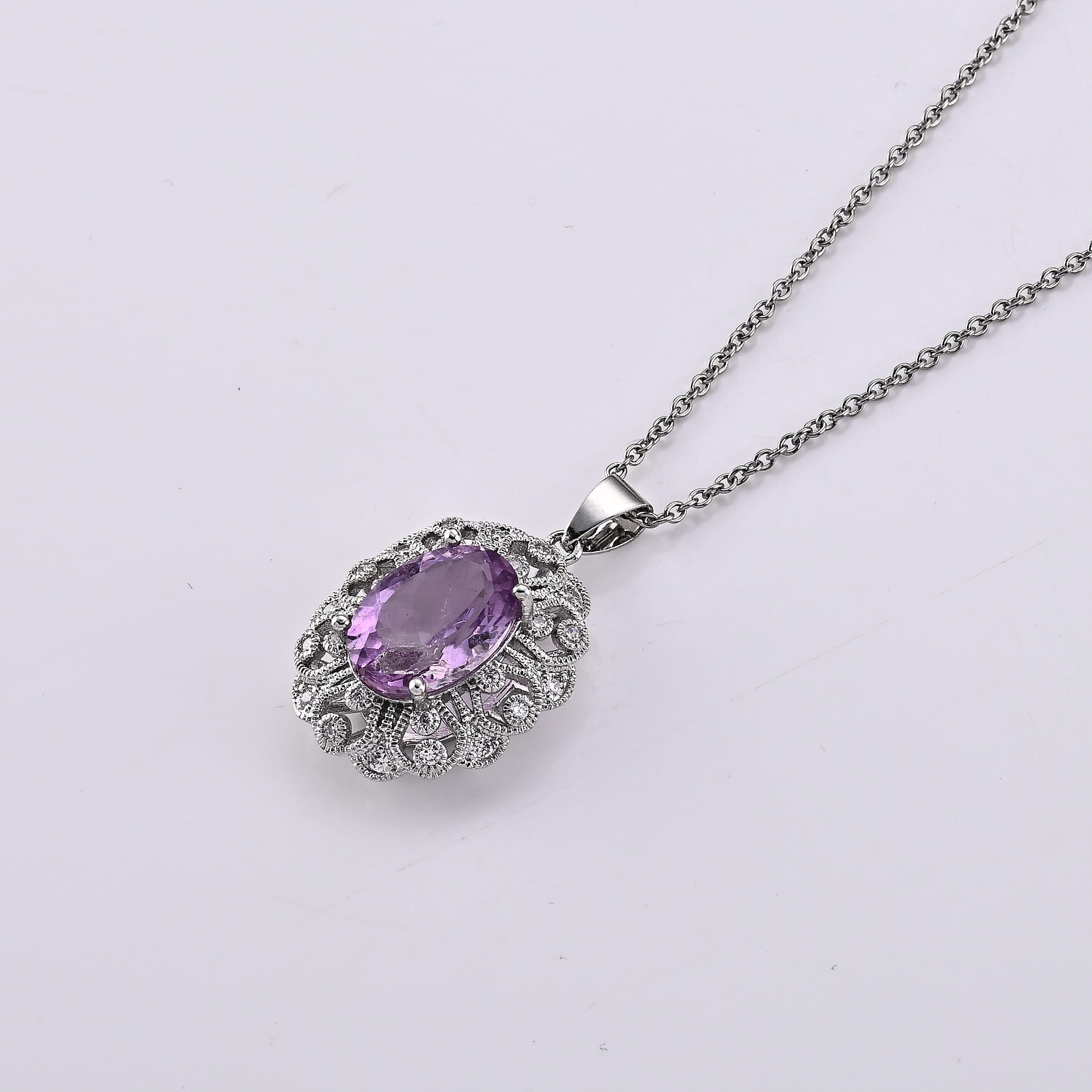 African Amethyst and Simulated Diamond 12.00 ctw Pendant in Silvertone with Stainless Steel Necklace (20 Inches)