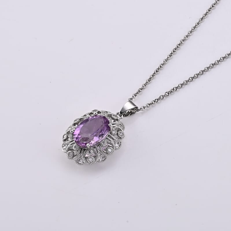 African Amethyst and Simulated Diamond 12.00 ctw Pendant in Silvertone with Stainless Steel Necklace (20 Inches)