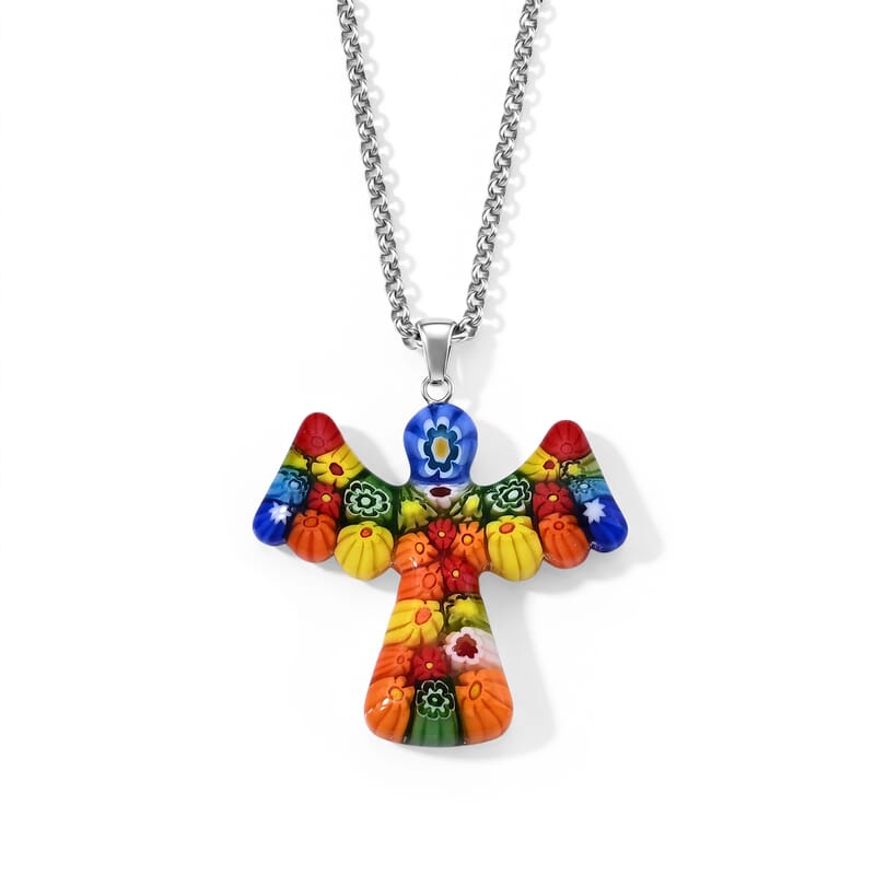 Multi Murano Style Angel Pendant Necklace (20-22 Inches) in Stainless Steel