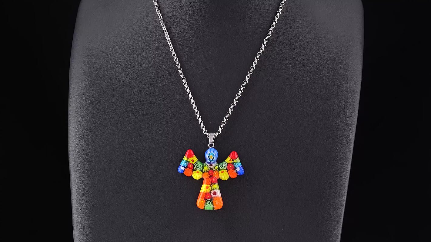 Multi Murano Style Angel Pendant Necklace (20-22 Inches) in Stainless Steel